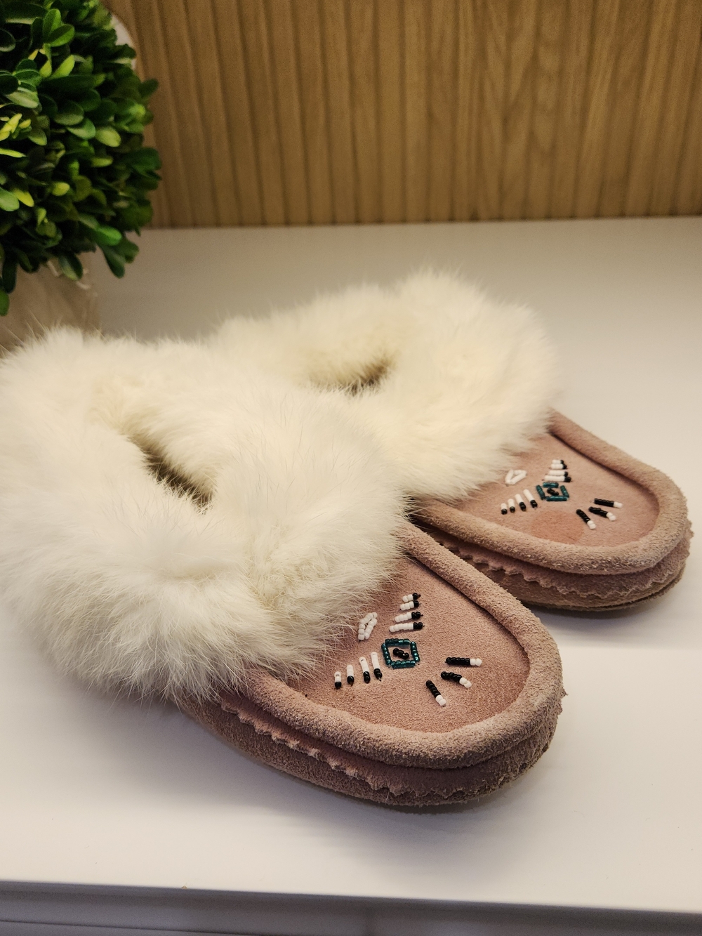 Plush Pink Real Fur Trim Slip-On Leather Moccasins